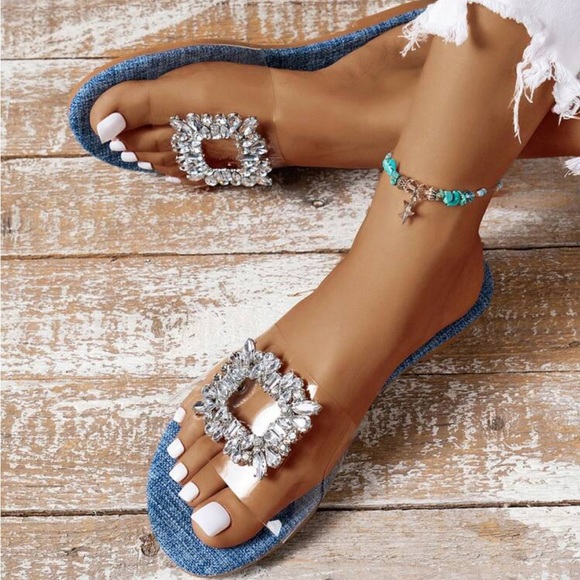 New Outdoor Beach Vacation Rhinestone Buckle Flat Sandals - Picture 4 of 5